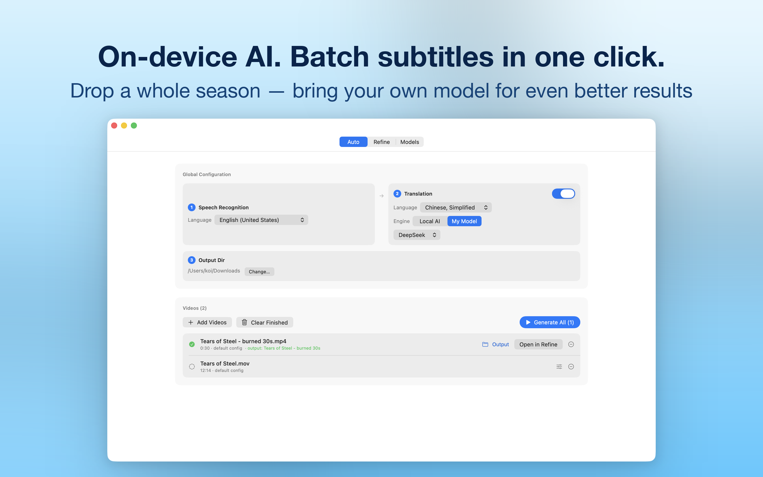 KenjaSub Auto tab: batch transcription and translation queue for multiple videos