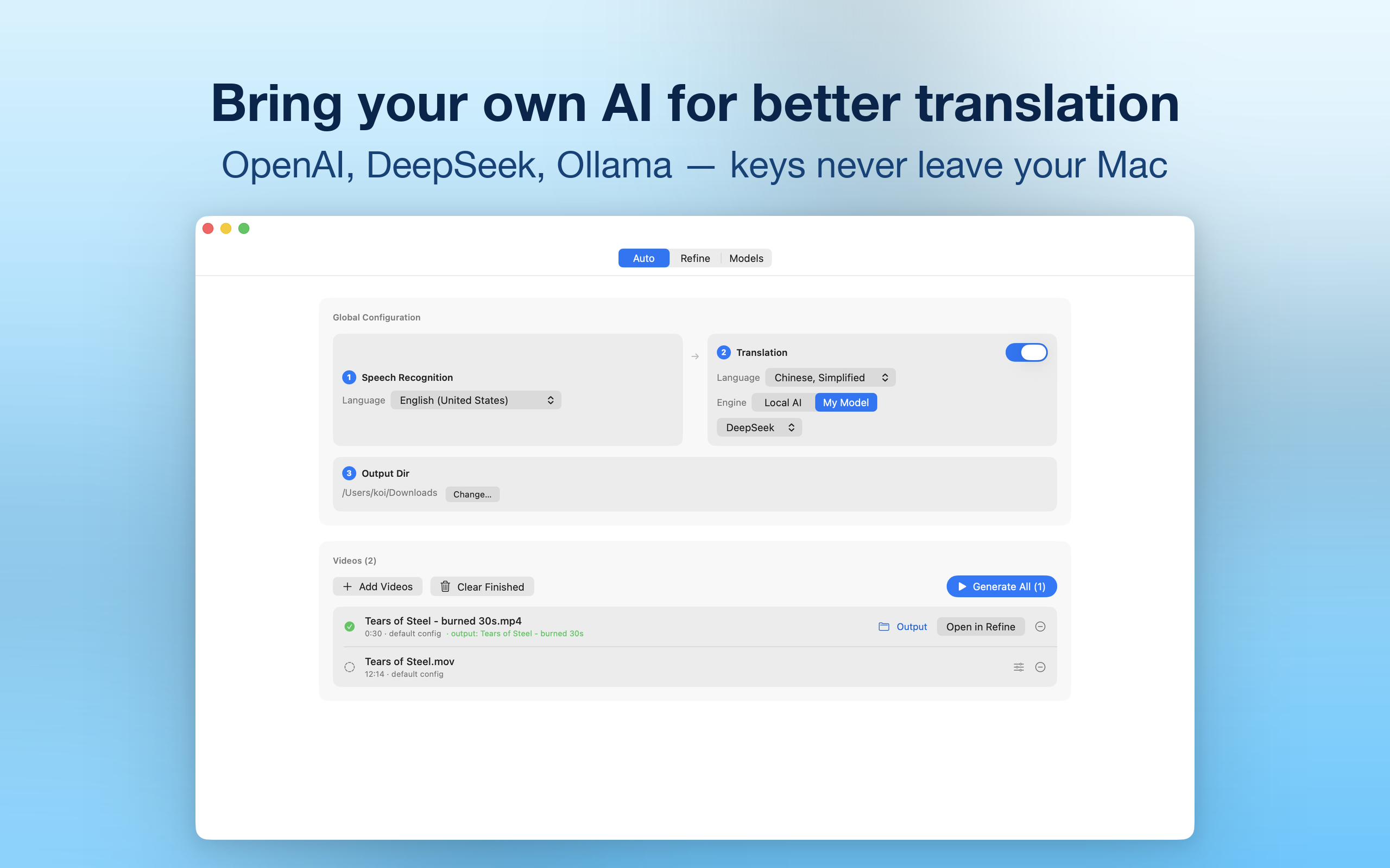 KenjaSub Models tab: manage OpenAI-compatible AI providers with keys stored in Keychain
