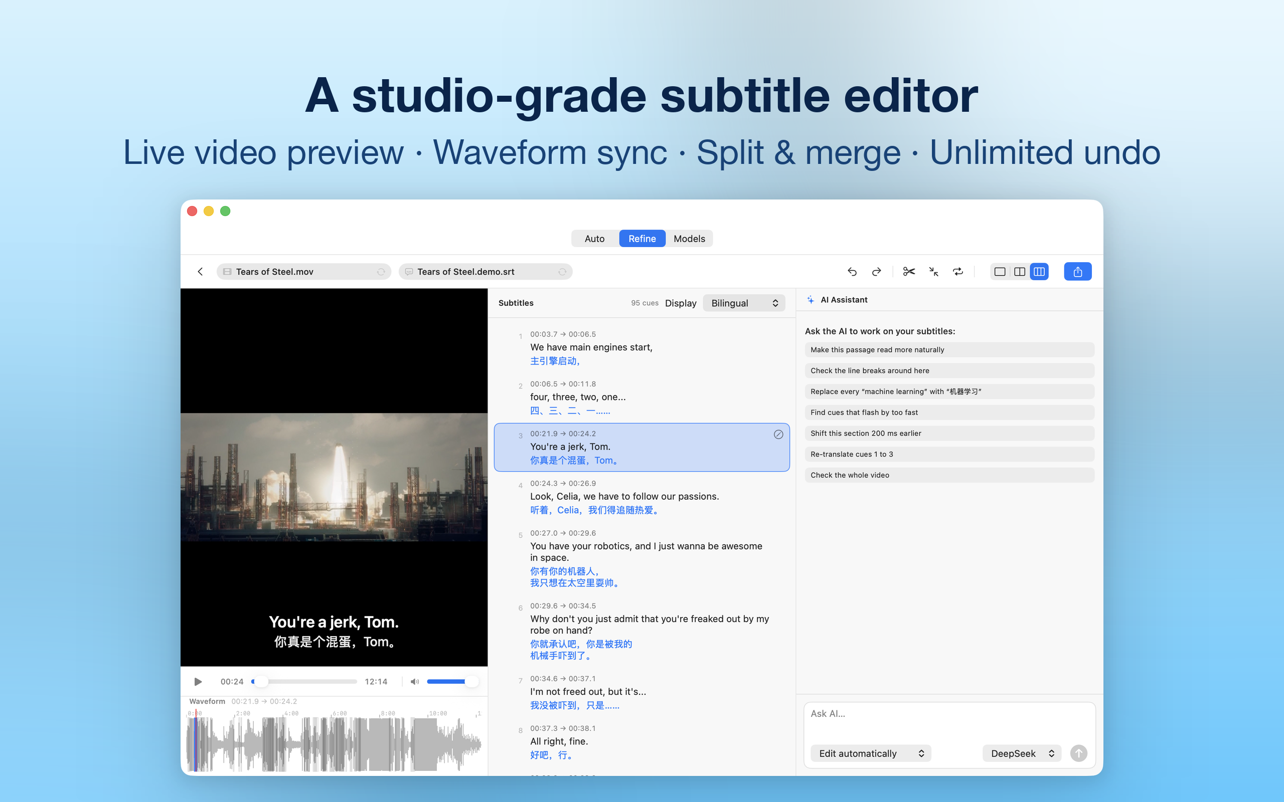 KenjaSub subtitle studio on Mac: video player, synchronized cue list, waveform and AI assistant panel